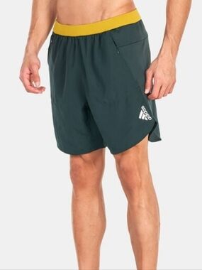 adidas Men’s Green Running Shorts with Yellow Waistband